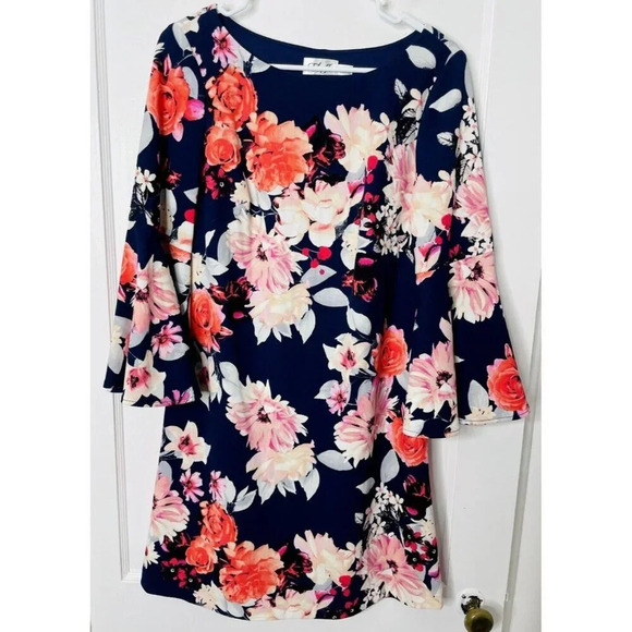 Eliza J Sheath Dress 10 Floral Bell Sleeve Classic Stretch Casual Feminine Chic - Picture 1 of 11